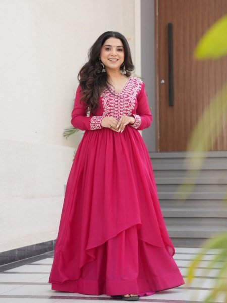 Hot Pink Layered Anarkali Gown with Thread Embroidery Ready to Wear Georgette Kurti 