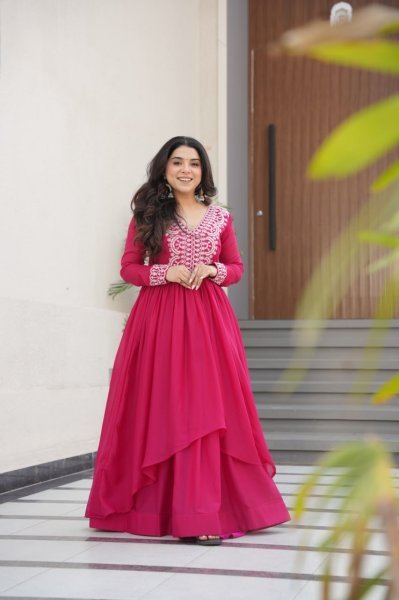 Hot Pink Layered Anarkali Gown with Thread Embroidery Ready to Wear Georgette Kurti 