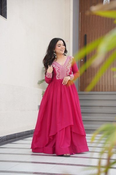 Hot Pink Layered Anarkali Gown with Thread Embroidery Ready to Wear Georgette Kurti 