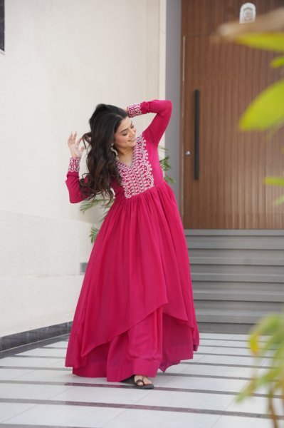 Hot Pink Layered Anarkali Gown with Thread Embroidery Ready to Wear Georgette Kurti 