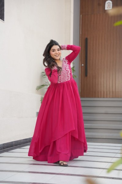 Hot Pink Layered Anarkali Gown with Thread Embroidery Ready to Wear Georgette Kurti 