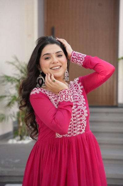 Hot Pink Layered Anarkali Gown with Thread Embroidery Ready to Wear Georgette Kurti 