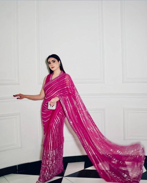 Hot Pink Satin Silk Saree with Matching Blouse Perfect for Partywear Look Georgette Sarees Wholesale