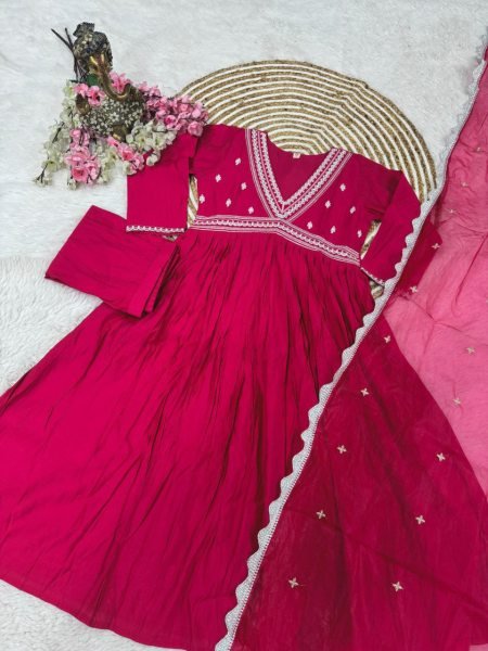 Hot Pink Silk Chanderi Embroidered Anarkali kurti Set  Anarkali Kurtis 