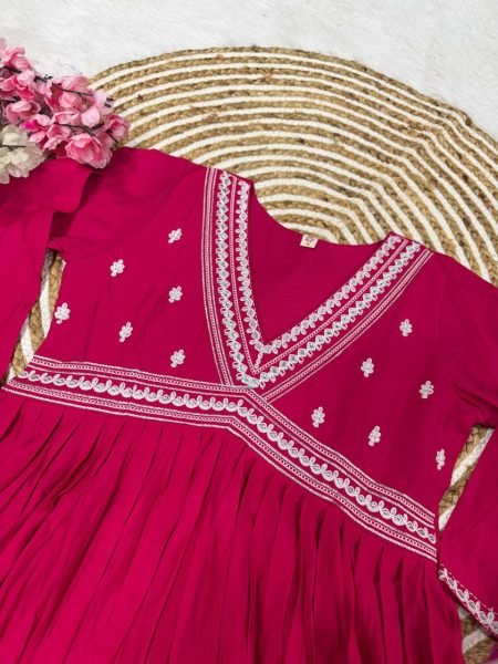 Hot Pink Silk Chanderi Embroidered Anarkali kurti Set  Anarkali Kurtis 