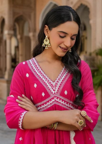 Hot Pink Silk Chanderi Embroidered Anarkali kurti Set  Anarkali Kurtis 