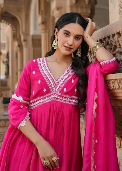 Hot Pink Silk Chanderi Embroidered Anarkali kurti Set  Anarkali Kurtis 