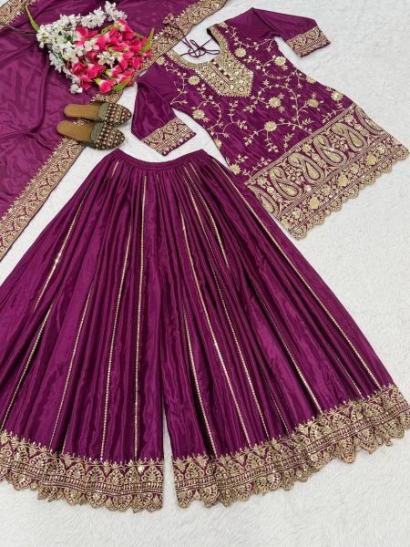 Iconic Purple Fully Stitched Embroidered Sharara Set with Bandhej Dupatta for Party Wear Ready To Wear Collection