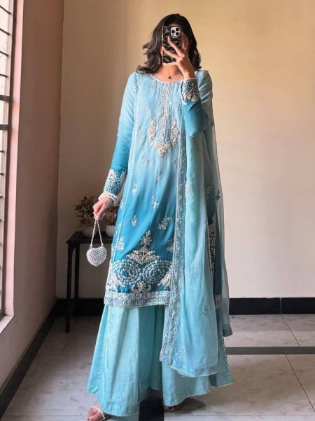 Icy Blue Embroidered Chinon Silk Suit with Flared Palazzo for Party Wear Ready 