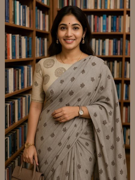 Icy Silver Mul Cotton Saree with Subtle Print Work Cool Tones for Chic Comfort Printed Cotton Sarees Wholesale