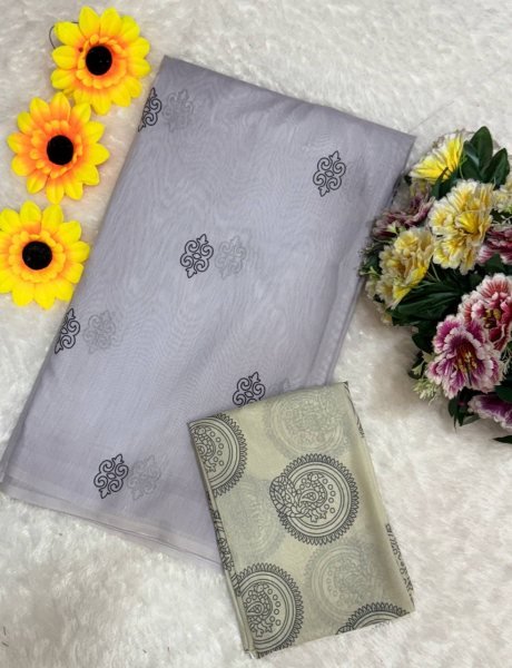 Icy Silver Mul Cotton Saree with Subtle Print Work Cool Tones for Chic Comfort Printed Cotton Sarees Wholesale