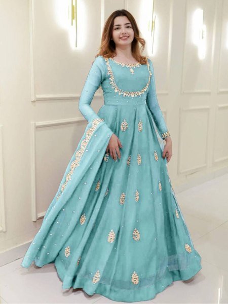 Impeccable Sky Blue Georgette Sequence Embroidery Long Gown with Matching Dupatta for Wholesale Buyers Kurti With Dupatta Wholesale