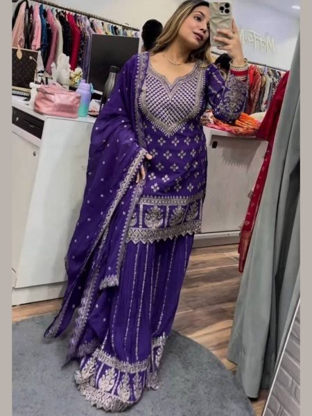 imperial Purple Chinnon Silk Sharara Suit with Sequin Embroidery Ready to Wear for Bulk Buyers Ready To Wear Suit