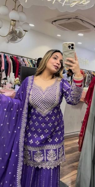 imperial Purple Chinnon Silk Sharara Suit with Sequin Embroidery Ready to Wear for Bulk Buyers Ready To Wear Collection