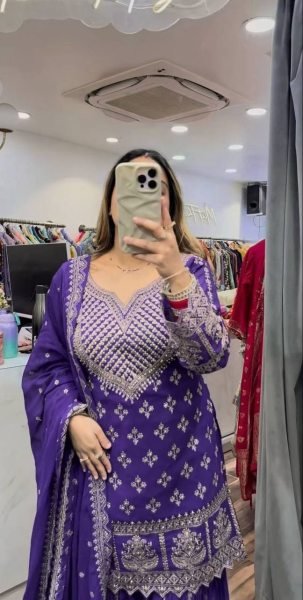 imperial Purple Chinnon Silk Sharara Suit with Sequin Embroidery Ready to Wear for Bulk Buyers Ready To Wear Collection