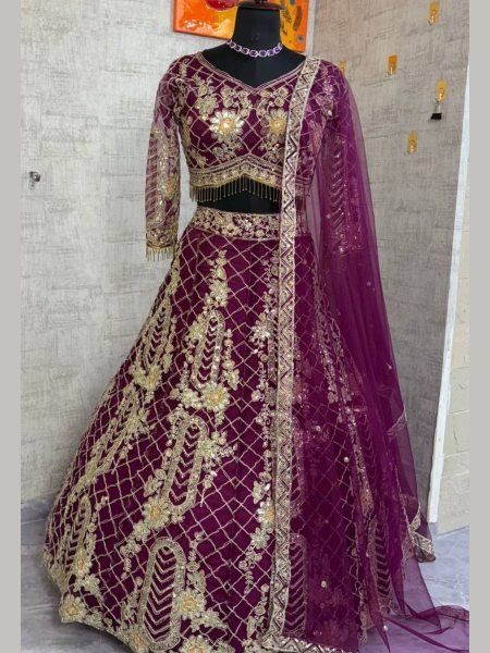 Purple Soft Net Lehenga with Sequins Embroidery Party and Wedding Collection Wedding Wear