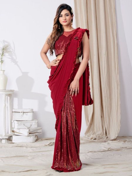 Imported Lycra Sequence Work Ready To Wear Saree Collection  Ready To Wear Saree 