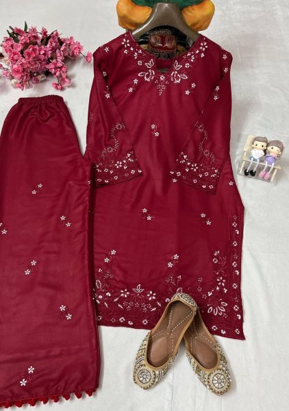 Impressive Maroon Thread Embroidery Kurti Plazzo Cord Set Wholesale Offer Embroidery Kurtis 