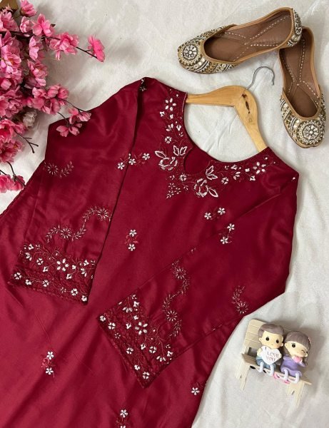 Impressive Maroon Thread Embroidery Kurti Plazzo Cord Set Wholesale Offer Embroidery Kurtis 