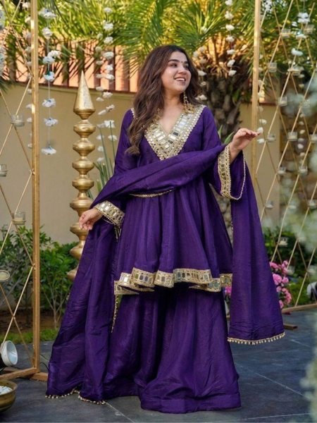 Impressive Purple Ready to Wear Chinon Silk Suit with Matching Bottom and Dupatta for Glamourous Look  