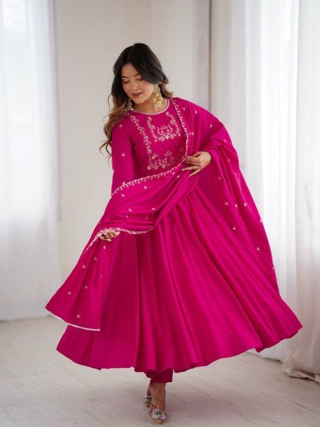 Impressive Roman Chanderi Silk Flared Anarkali Set  for Boutique Buyers Plus Size Kurti / Gown