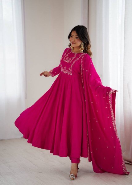 Impressive Roman Chanderi Silk Flared Anarkali Set  for Boutique Buyers Anarkali Kurtis 