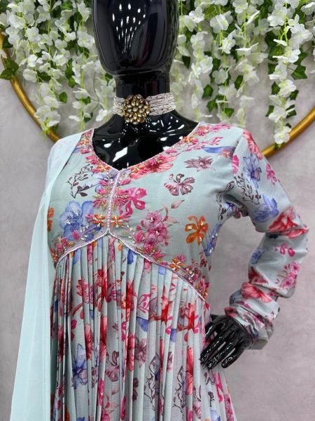 Indian Designer Blue Maslin Silk Suit  3 Piece Kurti Set