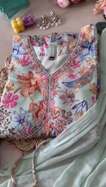Indian Designer Blue Maslin Silk Suit  3 Piece Kurti Set