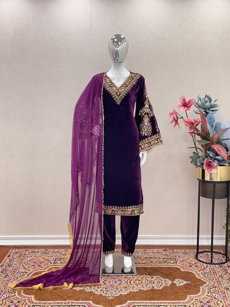 Indian Pakistani Velvet Sequin Embroidered Salwar Kameez Collection  Ready To Wear Collection