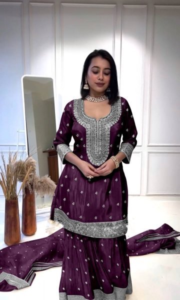 Indian Wear Pure Heavy Chinnon Silk Sharara Suits  Ready To Wear Collection