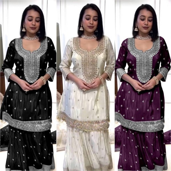Indian Wear Pure Heavy Chinnon Silk Sharara Suits  Ready To Wear Collection