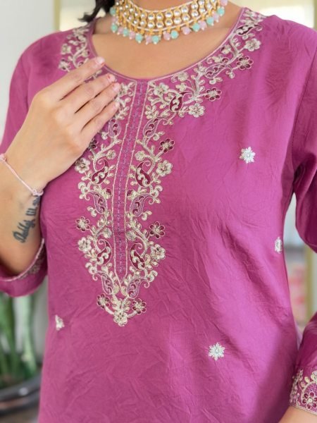 INDIAN WEDDING WEAR PINK KURTA PALAZZO DUPATTA FOR  SUMMER-VISCOSE CHANDERI 3 Piece Kurti Set