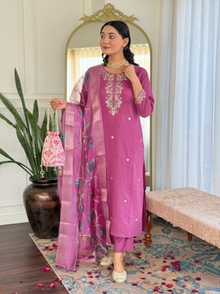 INDIAN WEDDING WEAR PINK KURTA PALAZZO DUPATTA FOR  SUMMER-VISCOSE CHANDERI 3 Piece Kurti Set