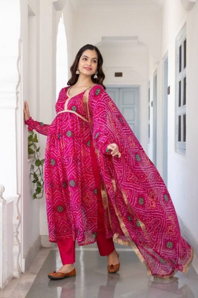 Indian Women Bandhani Print Silk  Kurti with Pant & Dupatta for Weddings & Celebrations 3 Piece Kurti Set