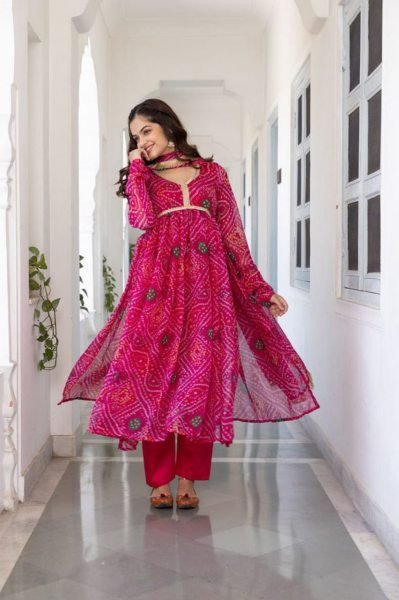 Indian Women Bandhani Print Silk  Kurti with Pant & Dupatta for Weddings & Celebrations 3 Piece Kurti Set