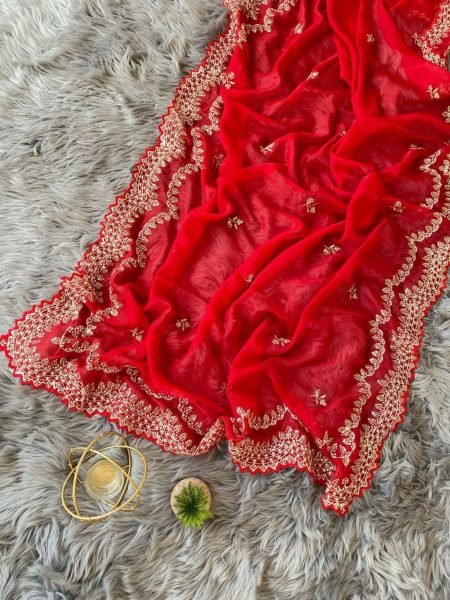 Indian Women Orgenza Party Wear Red Saree  Organza Sarees Wholesale