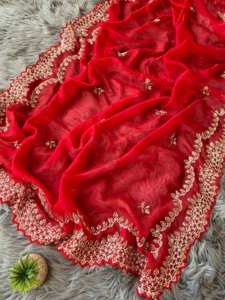 Indian Women Orgenza Party Wear Red Saree  Organza Sarees Wholesale