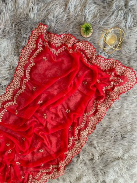 Indian Women Orgenza Party Wear Red Saree  Organza Sarees Wholesale