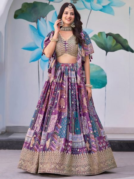 indigo Mix Chinnon Silk Lehenga with Choker Dupatta Elegant Designer Bridal Set for Big Day Designer Lehenga Choli
