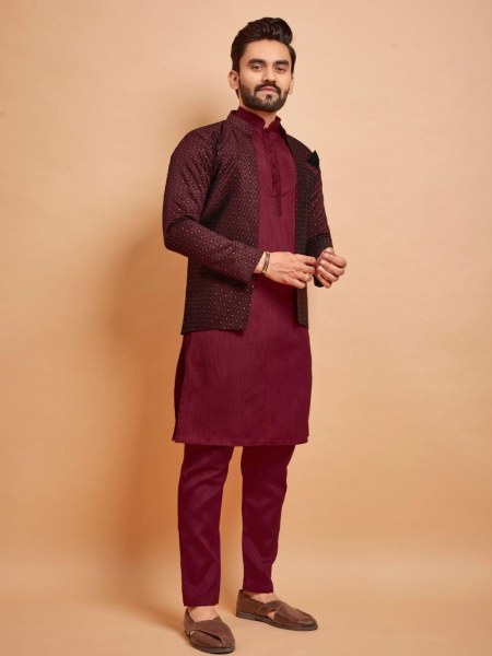 Indo Jacket Jacquard Silk Mens Kurta Pajama With Jacket Kurta Pajama Wholesale