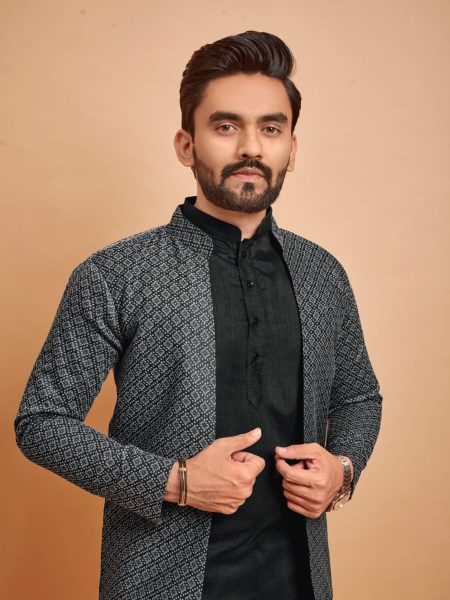 Indo Jacket Jacquard Silk Mens Kurta Pajama With Jacket Kurta Pajama Wholesale