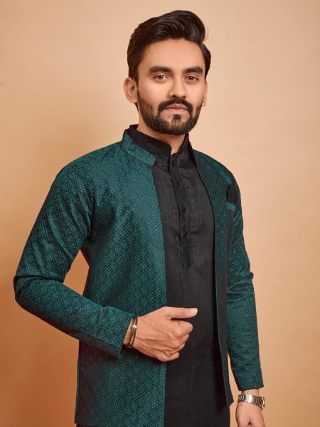 Indo Jacket Jacquard Silk Mens Kurta Pajama With Jacket Kurta Pajama Wholesale