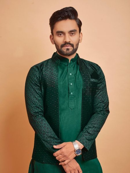 Indo Jacket Jacquard Silk Mens Kurta Pajama With Jacket Kurta Pajama Wholesale