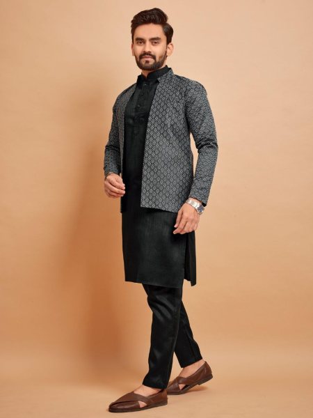 Indo Jacket Jacquard Silk Mens Kurta Pajama With Jacket Kurta Pajama Wholesale