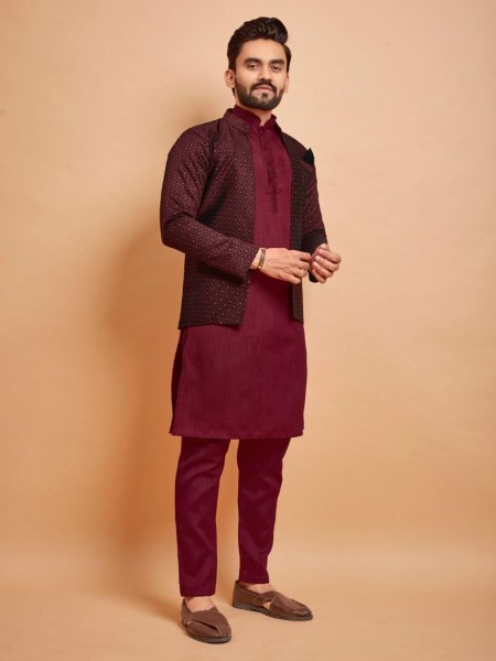 Indo Jacket Jacquard Silk Mens Kurta Pajama With Jacket Kurta Pajama Wholesale