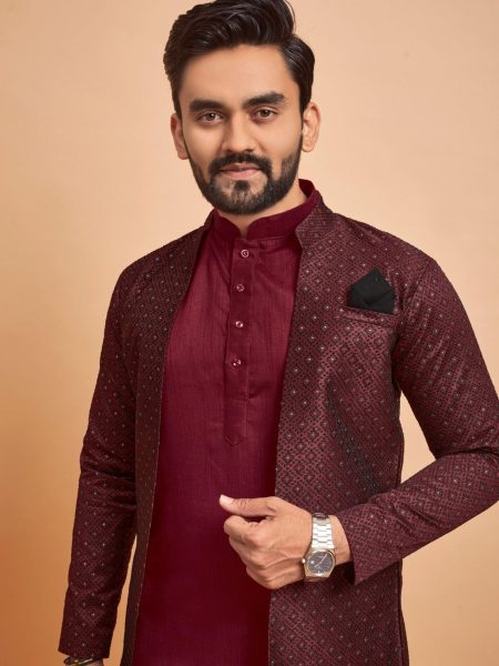 Indo Jacket Jacquard Silk Mens Kurta Pajama With Jacket Kurta Pajama Wholesale