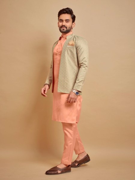 Indo Jacket Jacquard Silk Mens Kurta Pajama With Jacket Kurta Pajama Wholesale