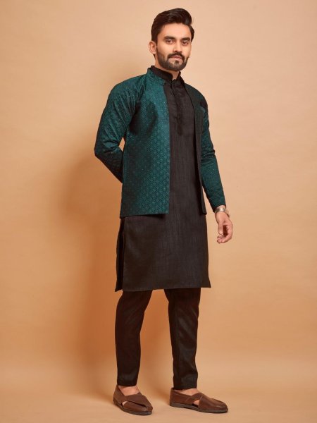 Indo Jacket Jacquard Silk Mens Kurta Pajama With Jacket Kurta Pajama Wholesale