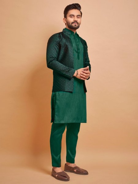 Indo Jacket Jacquard Silk Mens Kurta Pajama With Jacket Kurta Pajama Wholesale