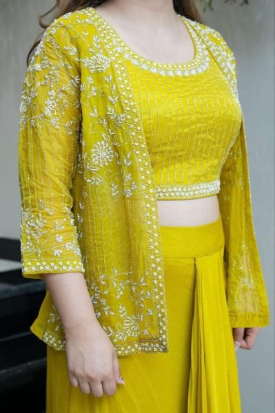 Indo Western 3Pc Draped Dhoti Set with Embroidered Blouse   Koti Ready to Wear Haldi Function Outfit at Best Wholesale Price Ready To Wear Collection